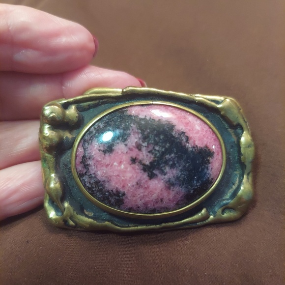 Vintage Signed Belt Buckle, Rhodonite Crystal